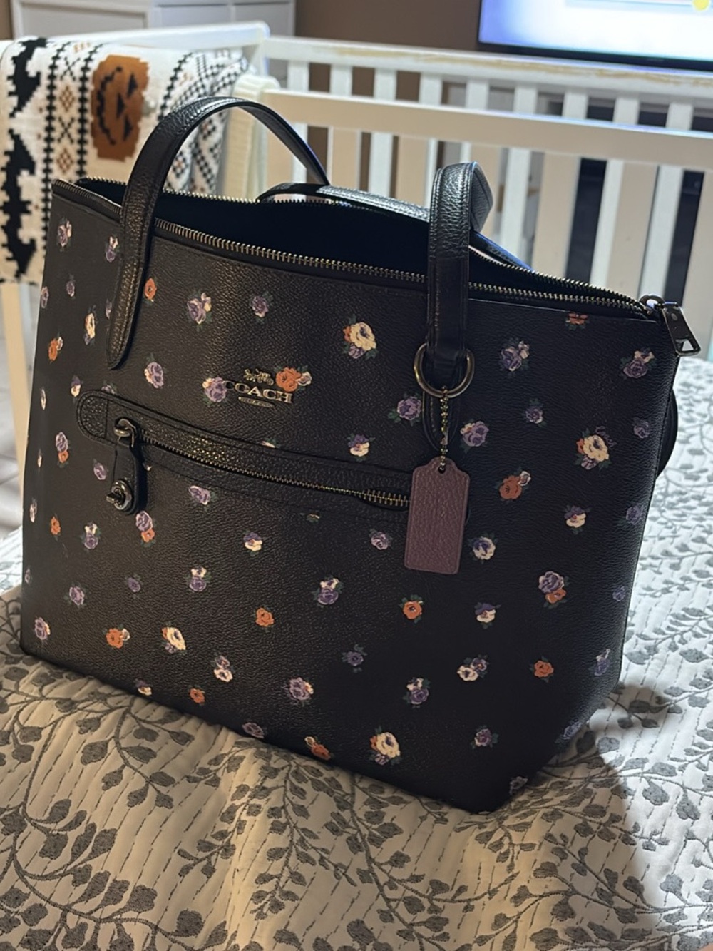 Coach Black Floral Tote with Purple Tag
